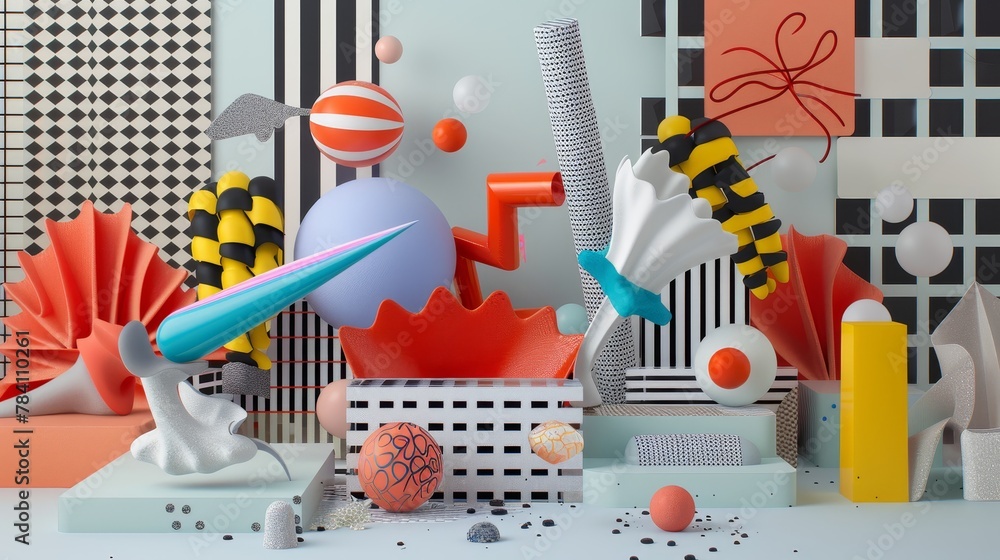 Poster abstract 3d renderings of flying objects inspired by the memphis design movement ai generated illust