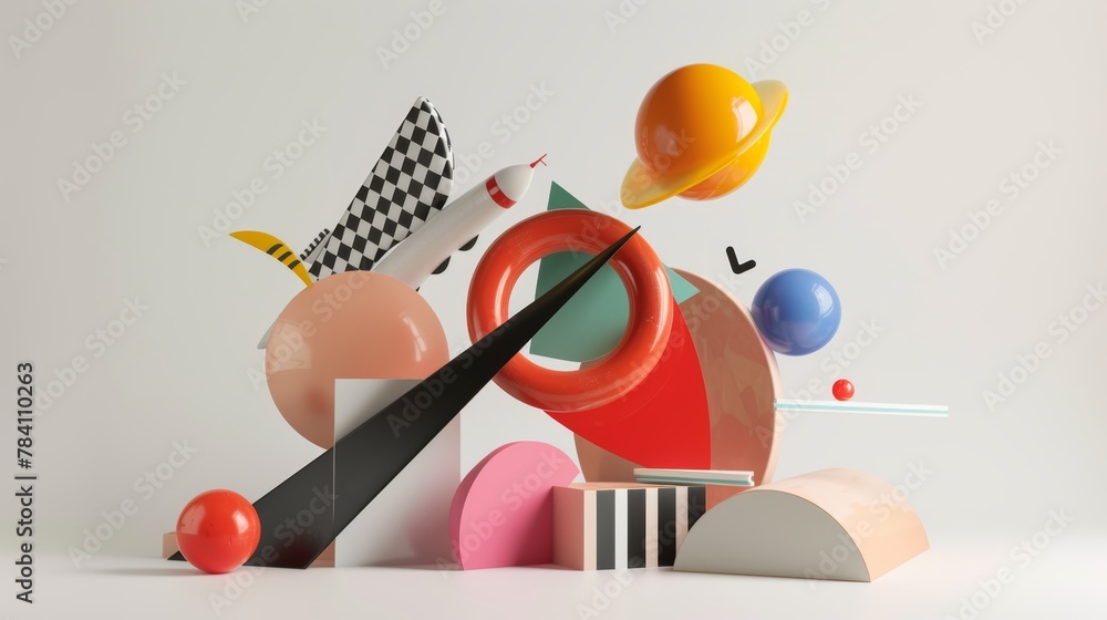 Poster abstract 3d renderings of flying objects inspired by the memphis design movement ai generated illust