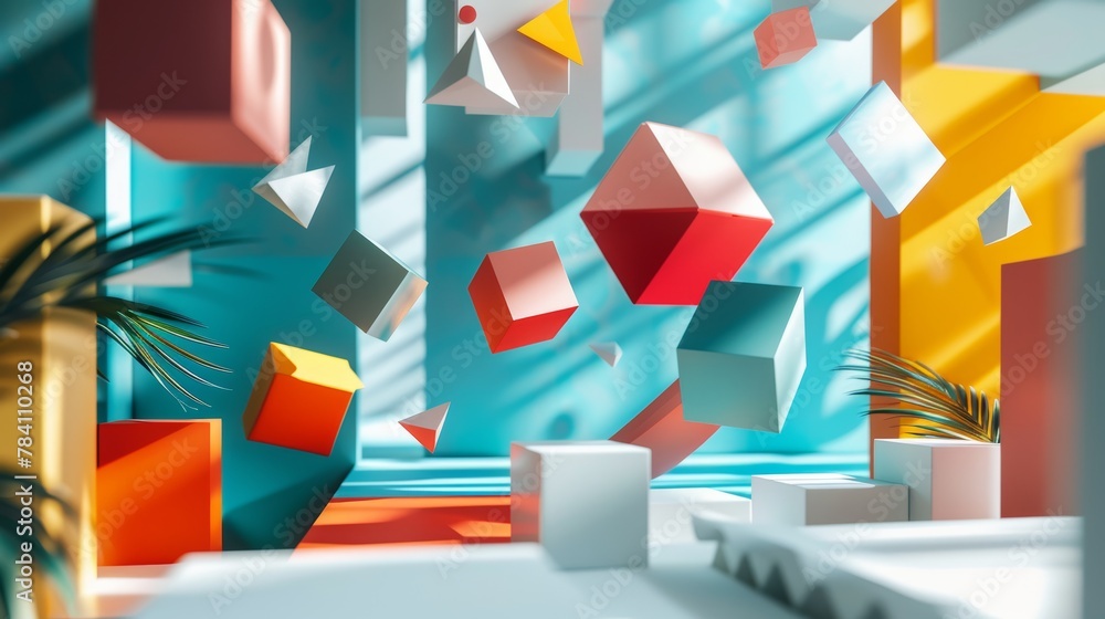 Poster abstract 3d shapes floating in a virtual office ai generated illustration