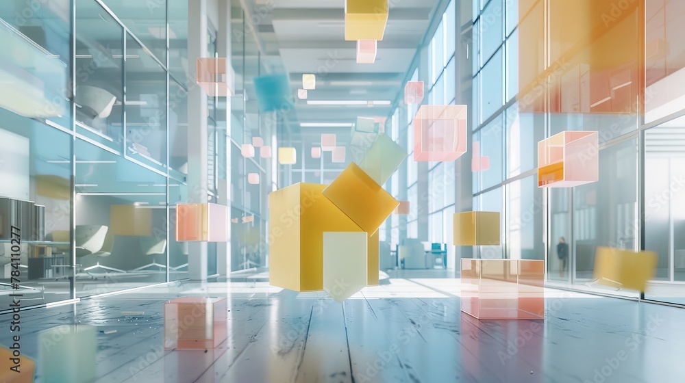 Poster abstract 3d shapes floating in a virtual office ai generated illustration