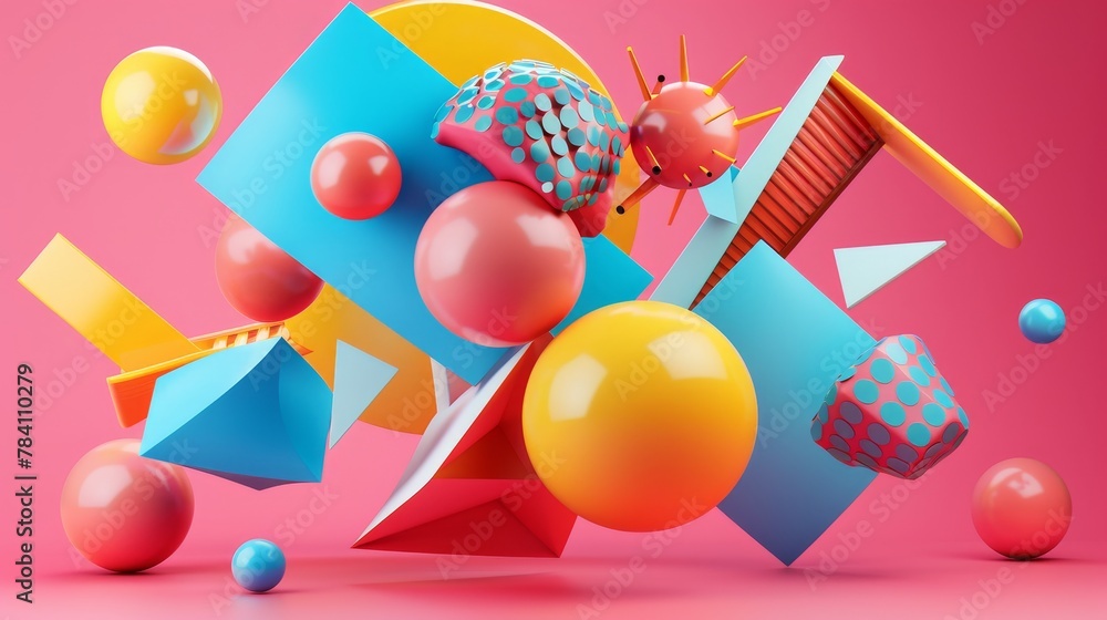 Poster abstract and geometric 3d renderings of flying objects in a vibrant color palette ai generated illus
