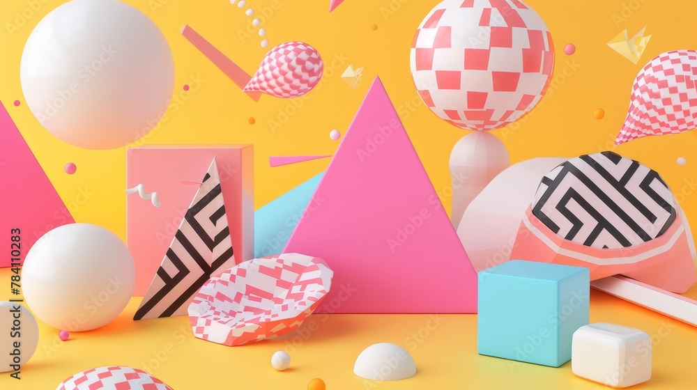 Aufkleber abstract and geometric memphis-style flying objects in a 3d render ai generated illustration