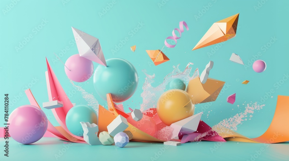 Poster Abstract and geometric 3d renderings of flying objects in a vibrant color palette   AI generated illustration