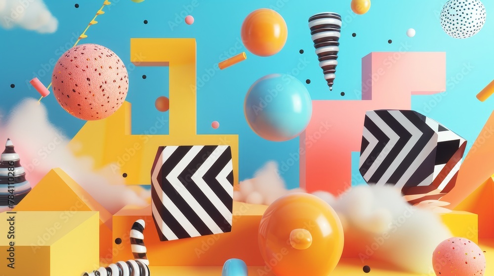 Poster abstract and geometric memphis-style flying objects in a 3d render ai generated illustration