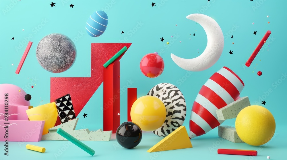 Poster abstract and geometric memphis-style flying objects in a 3d render ai generated illustration