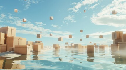 Abstract 3d render of packages floating in a surreal landscape   AI generated illustration
