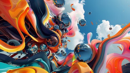 Abstract 3d renderings of flying objects in a bold and colorful palette   AI generated illustration
