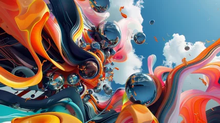 Deurstickers Abstract 3d renderings of flying objects in a bold and colorful palette   AI generated illustration © ArtStage