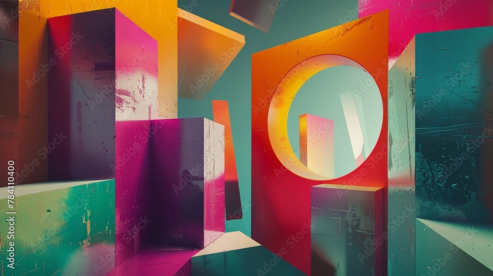 Aufkleber Abstract geometric structures floating in a void of vibrant colors  AI generated illustration
