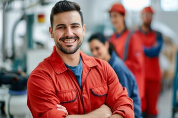 Harnessing a confident smile, this technician stands in a workshop with his team in the background