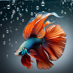 amazing azure Betta fish with long red-orange tail and fins  against grey background with bubbles. Digital artwork.  Ai generated