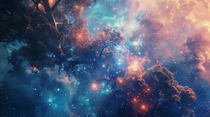 Abstract plants and trees floating in a cosmic void surrounded by stars   AI generated illustration - obrazy, fototapety, plakaty