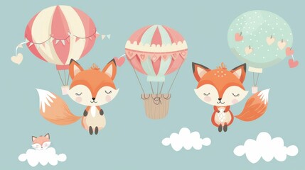 Obraz na płótnie Canvas Adorable foxes with hot air balloons AI generated illustration