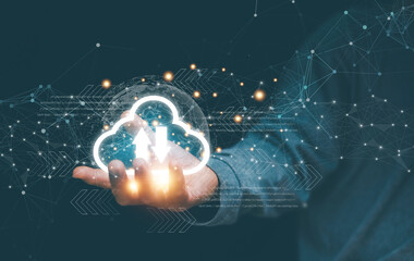 Cloud computing technology, Man holding virtual cloud computing on hand and connecting to global...