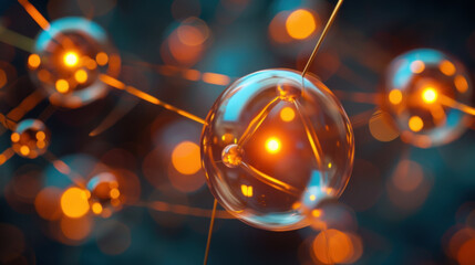 Close-up of a molecular structure with glowing orange atoms connected by bonds - obrazy, fototapety, plakaty