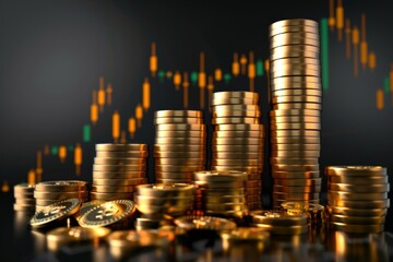 Visual representation of growing piles of coins with financial chart in the backdrop - 784111057