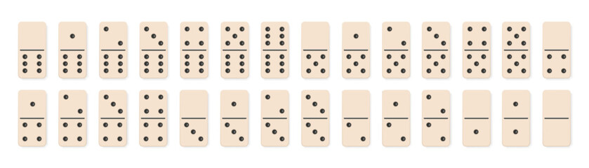 Domino tiles icon full set. Realistic dominoes bones. 28 pieces for game graphic element. Vector illustration EPS 10