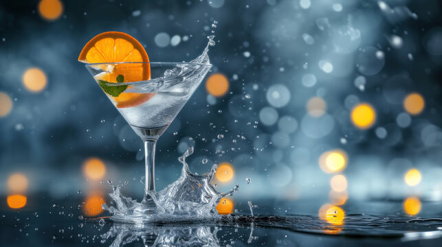 Clear cocktail in Martini glass, decorated with lemon, with splash, on blue background