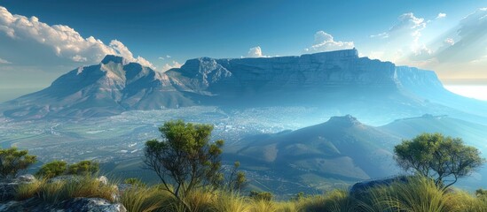 Majestic Panoramic View of Iconic Table Mountain in Breathtaking South African Landscape - obrazy, fototapety, plakaty