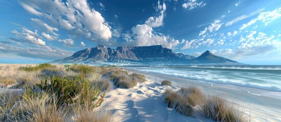 Breathtaking Coastal Landscape with Majestic Table Mountain in the Distance South Africa s Natural Wonder - obrazy, fototapety, plakaty