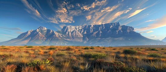 Table Mountain in South Africa Showcases the Majestic and Dramatic Landscape of the African Continent with its Rugged Peaks Ridges and Cliffs Against