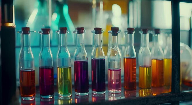 Assorted Test Tube Bottles Displayed on Table, 4k video 