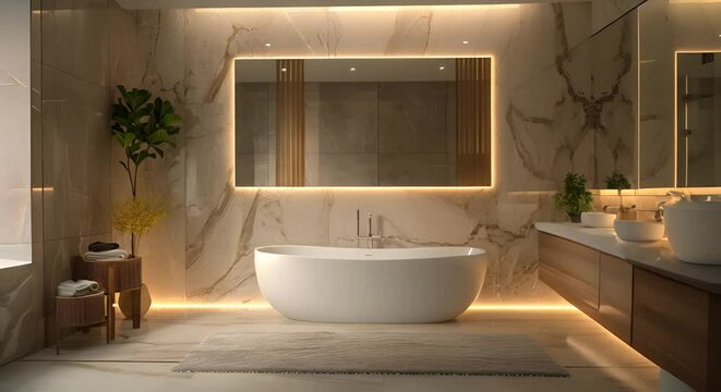 Symmetrical modern bathroom with LED lighting and natural marble accents, showcasing a freestanding bathtub and double vanity. 3d render. 4k resolusions. 