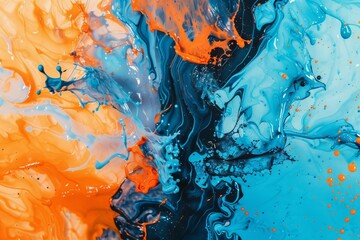 splashes of vibrant blue and orange paint merging together abstract liquid art background - obrazy, fototapety, plakaty