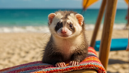 cute funny ferret on the beach leisure