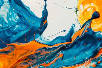 splashes of vibrant blue and orange paint merging together abstract liquid art background
