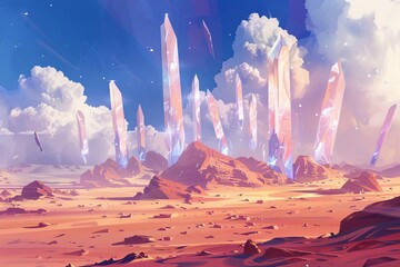 surreal desert landscape with giant floating crystals otherworldly fantasy scenery illustration - obrazy, fototapety, plakaty