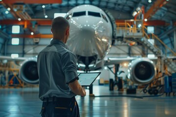 Engineer with a clipboard oversees the construction of an aircraft in a hangar - obrazy, fototapety, plakaty