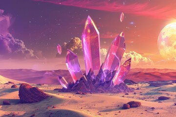 surreal desert landscape with giant floating crystals otherworldly fantasy scenery illustration - obrazy, fototapety, plakaty