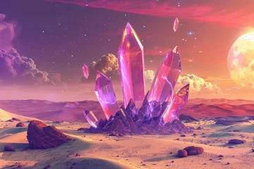 Foto auf Leinwand surreal desert landscape with giant floating crystals otherworldly fantasy scenery illustration © Lucija