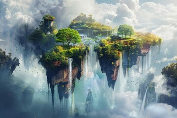 surreal dreamscape with floating islands and waterfalls imaginative fantasy landscape illustration
