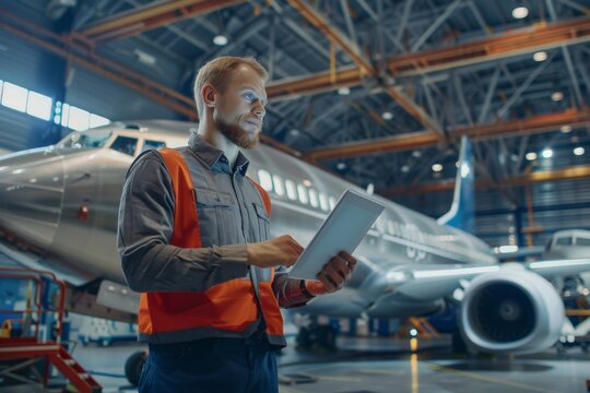 Engineer uses a digital tablet to inspect aircraft assembly in an industrial hangar - Powered by Adobe