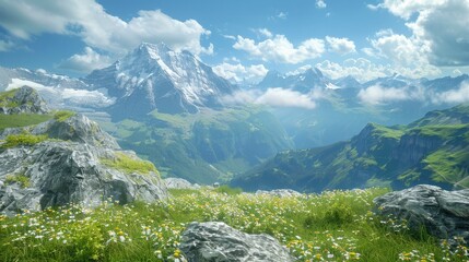 Majestic Swiss Alps with Lush Alpine Meadows and Towering Peaks Under a Serene Sky