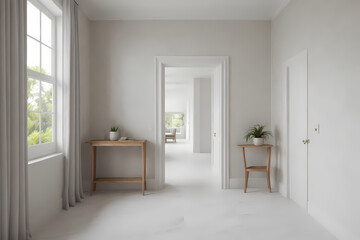 Stylish spacious kitchen and living room with refrigerator and washing machine overlooking cozy dining area with wooden ceiling next to open balcony on sunny day.