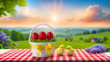 Red Easter Eggs Basket with cute Chicks on Easter Picnic Table at Spring Sunrise