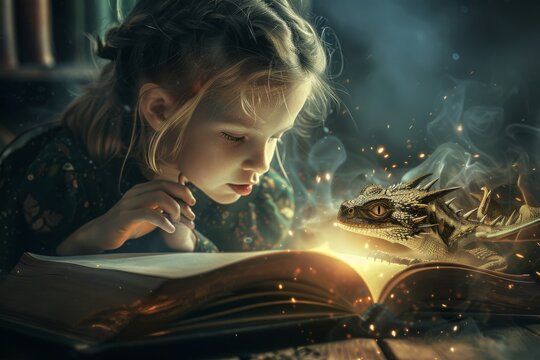Young child is captivated by a fantasy book with a magical dragon coming to life