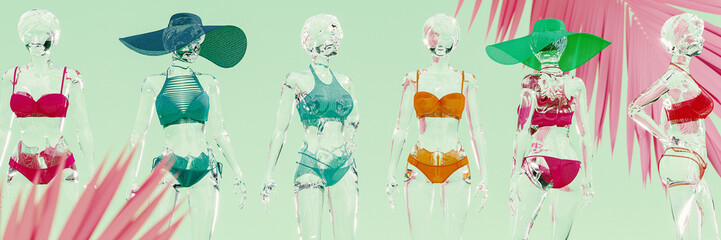 Female glass mannequin posing in swimwear on green background. Swimwear fashion trends presentation. 3D Rendering, 3D Illustration - 784112813