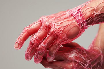 Intricate 3D Hand Sculpture featuring a Web-Like Structure crafted from Pink Translucent Resin, displayed elegantly against a Neutral Gray Background for a modern and artistic touch.