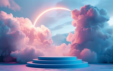 Blue background with a product podium surrounded by pink clouds Smoke fog steam background Vector illustration - obrazy, fototapety, plakaty