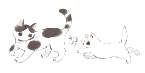 猫の親子のイラスト　水墨画風