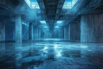 underground concrete basement with blue lighting industrial grunge 3d illustration - obrazy, fototapety, plakaty