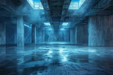 Fotobehang underground concrete basement with blue lighting industrial grunge 3d illustration © Lucija
