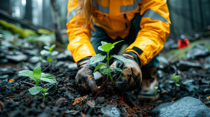 A woman planting saplings in a forest, volunteer replanting trees.