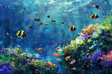 underwater world with colorful coral reef and tropical fish digital painting seascape digital ilustration - obrazy, fototapety, plakaty