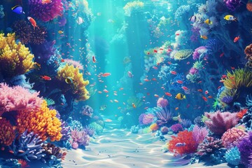 Naklejka na ściany i meble underwater world with colorful coral reef and tropical fish digital painting seascape digital ilustration