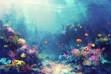 Fototapeta na wymiar underwater world with colorful coral reef and tropical fish digital painting seascape digital ilustration